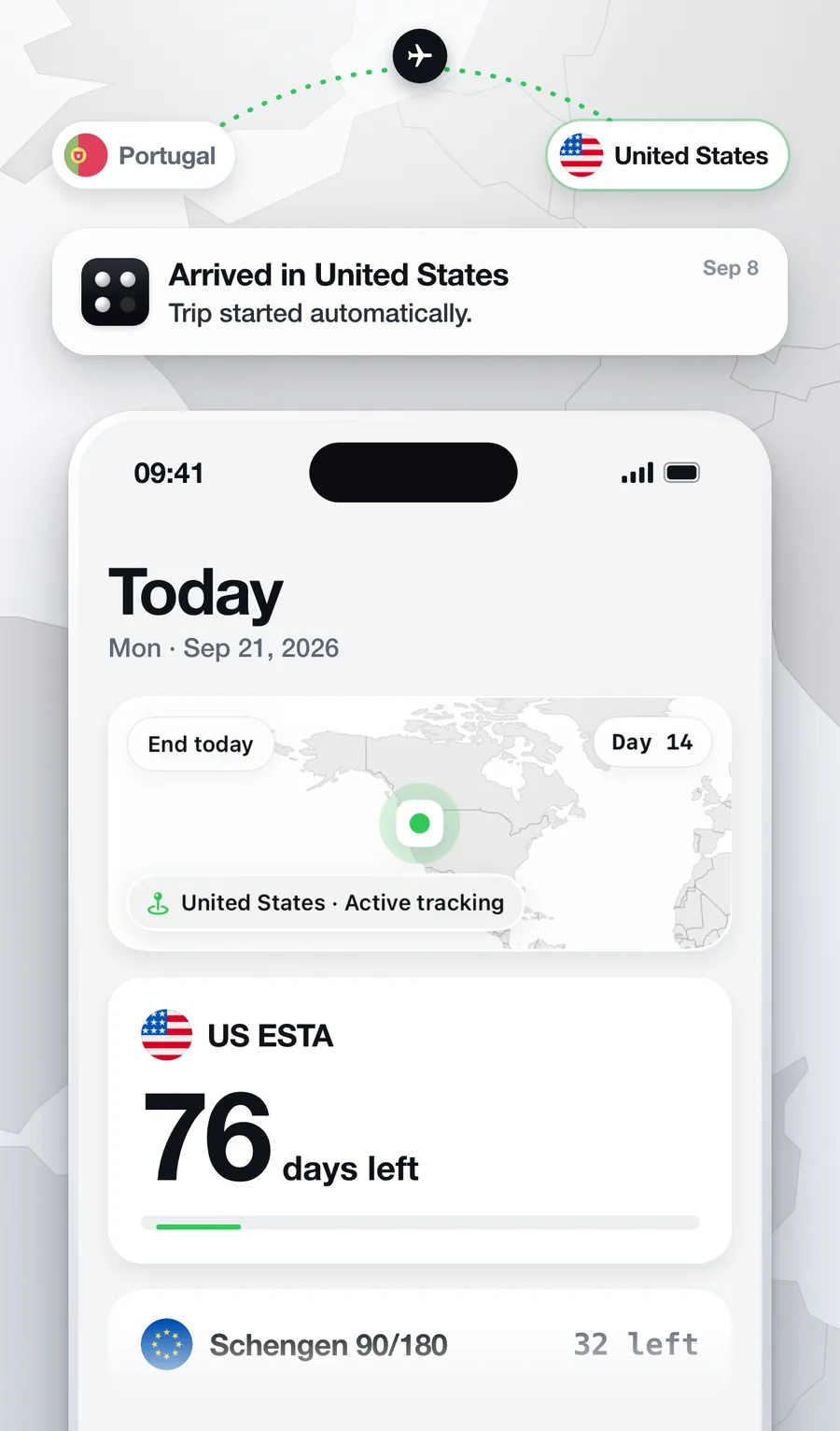 Arrived in United States notification over Quota's Today screen: US ESTA, 76 days left