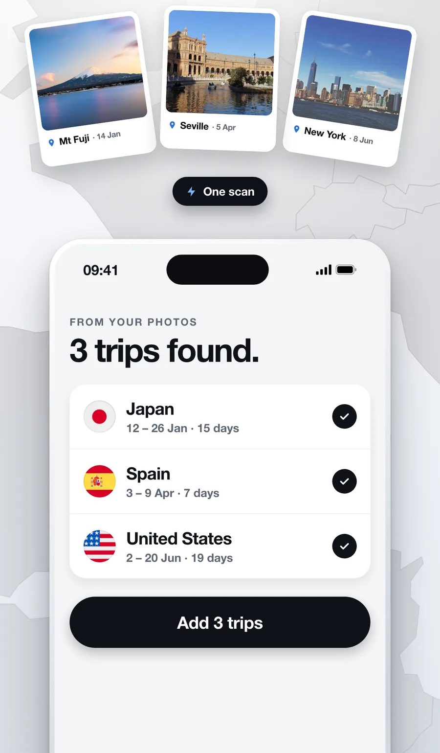 Photos from Mt Fuji, Seville and New York become three trips: Japan, Spain and the United States