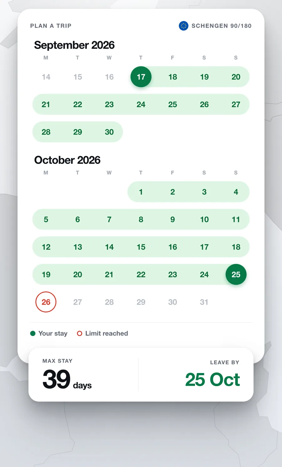 Trip planner calendar: 39 days from 17 September, leave by 25 October
